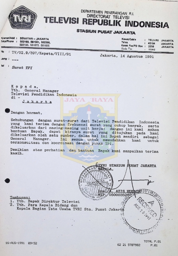 Surat untuk TPI dari TVRI (14 Agustus 1991)