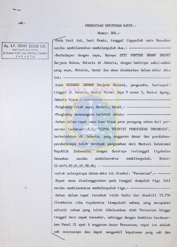 Pernyataan keputusan rapat Nomor : 306.-