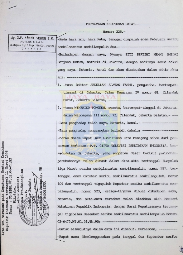 Pernyataan keputusan rapat Nomor : 225.-