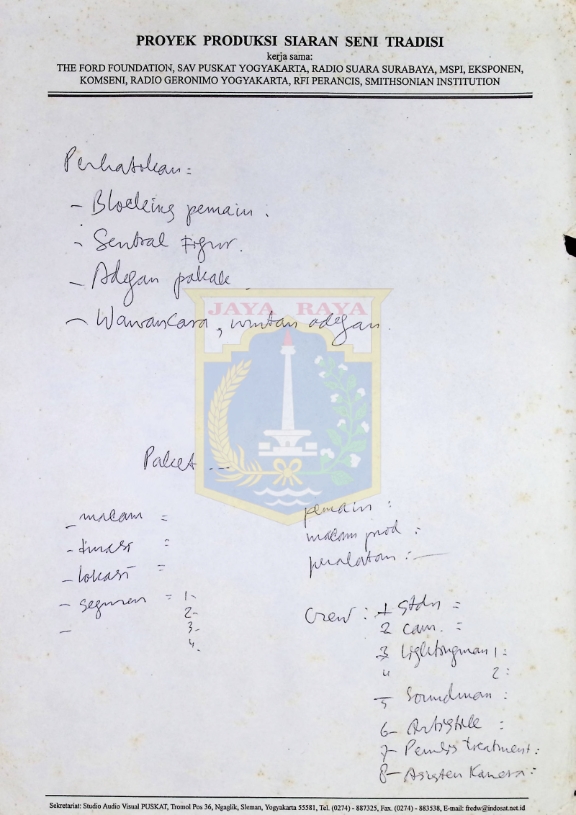 Tulisan tangan Proyek Produksi Siaran Seni Tradisi