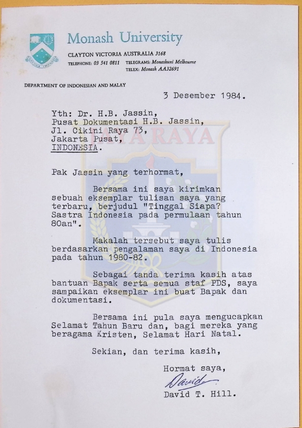 Surat dari David T. Hill untuk H.B. Jassin (3 Desember 1984)