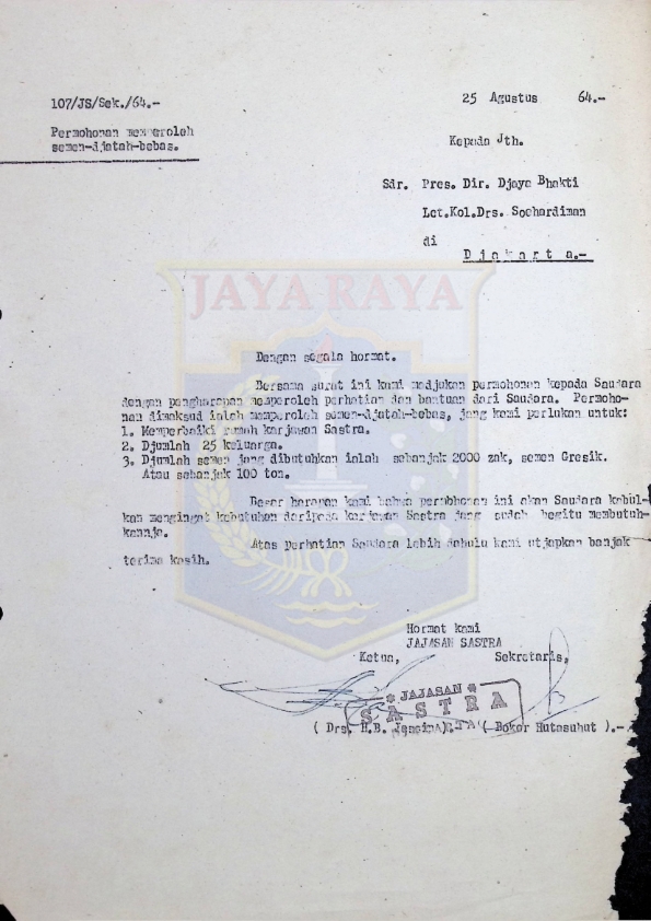 Kumpulan surat dari Yayasan Sastra kepada Letkol Drs. Soehardiman