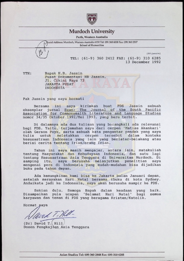 Surat dari David T. Hill untuk H.B. Jassin (13 Desember 1992)