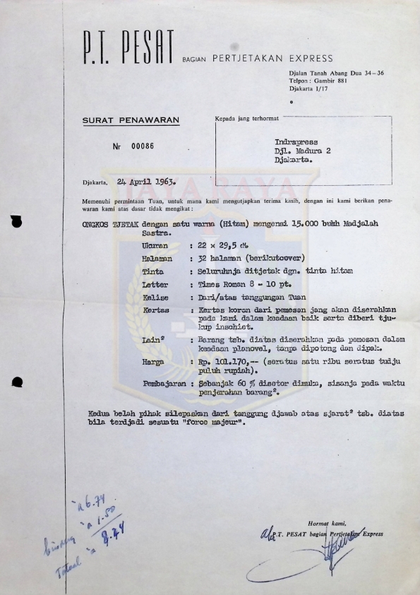 Kumpulan surat penawaran dari PT. Pesat bagian percetakan express kepada Idrapress