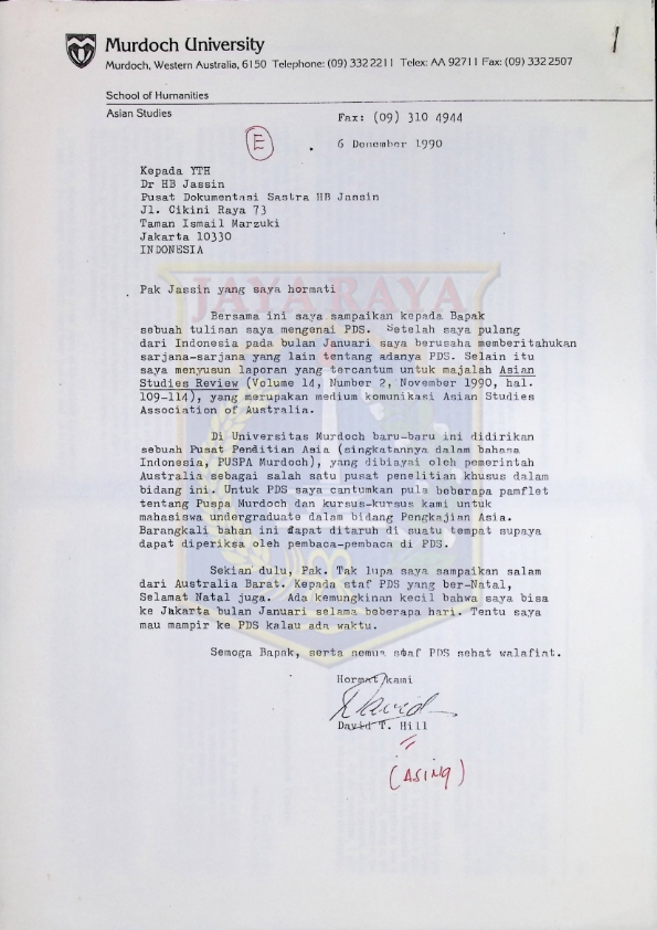 Surat dari David T. Hill untuk H.B. Jassin (6 Desember 1990)