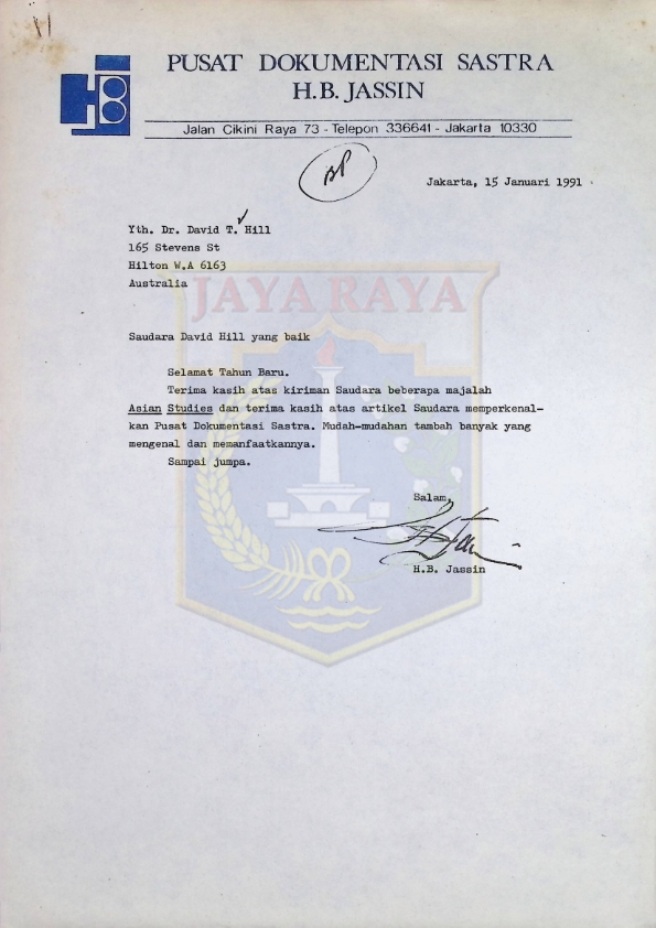 Surat dari PDS H.B. Jassin untuk David T. Hill (15 Januari 1991)