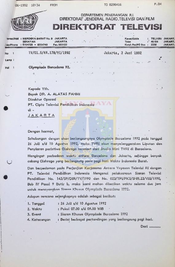 Surat dari TVRI untuk TPI (3 Juni 1992)