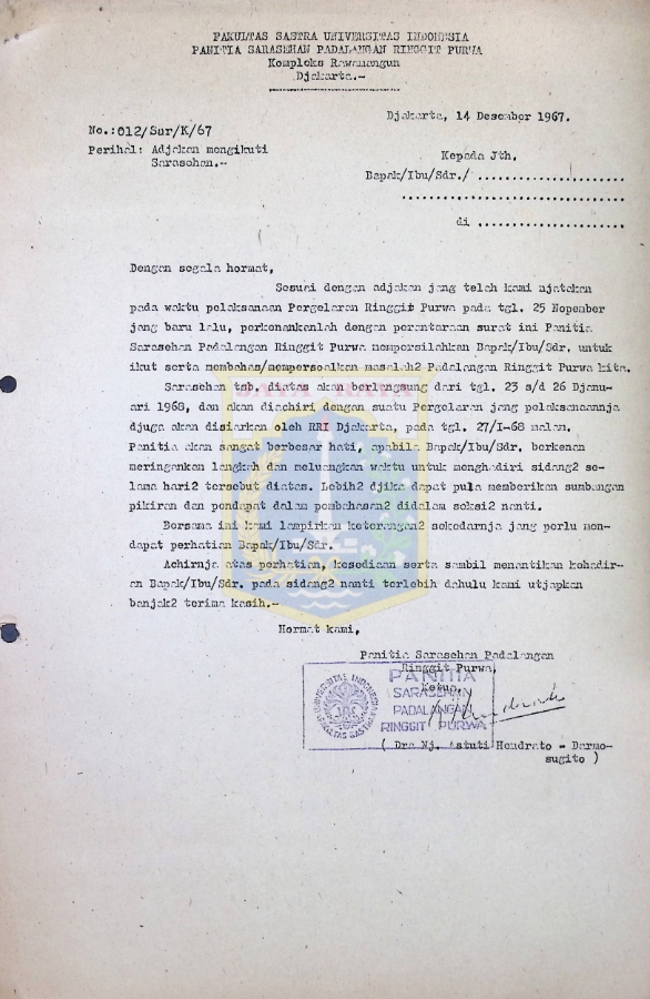 Surat dari Astuti Hendrato - Darmosugito (14 Desember 1967)