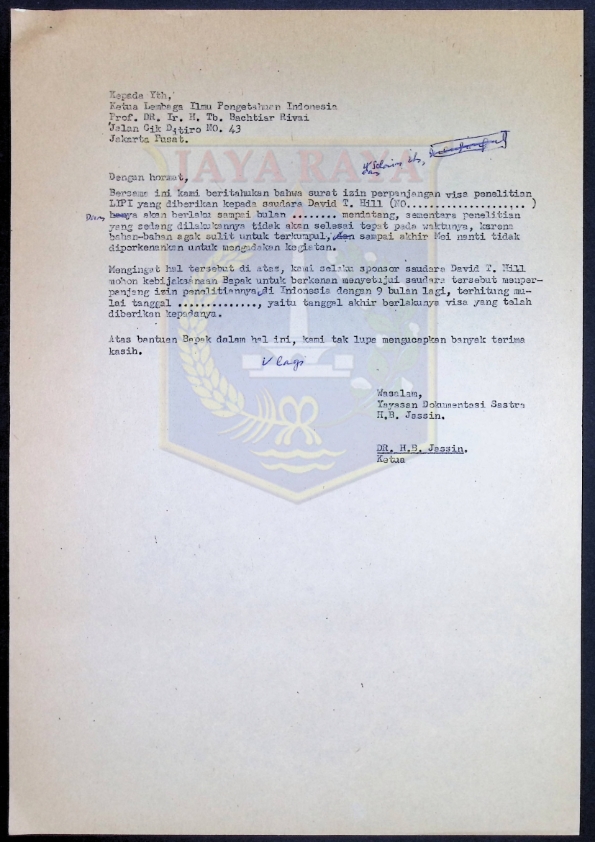 Surat dari H.B. Jassin untuk LIPI