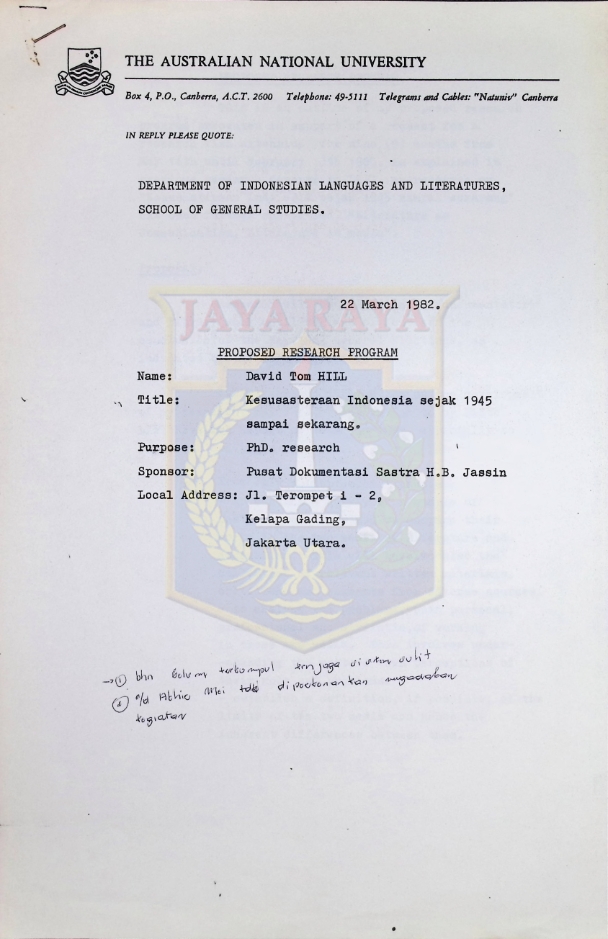 Proposed research program a.n. David Tom Hill