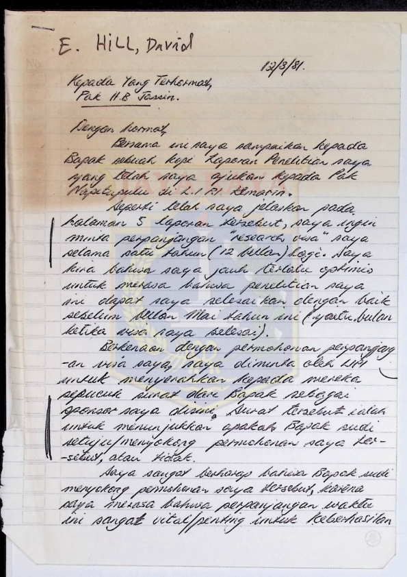Surat dari David T. Hill untuk H.B. Jassin (12 Maret 1981)