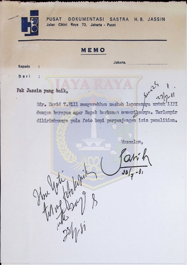 Memo untuk Pak Jassin beserta lampirannya