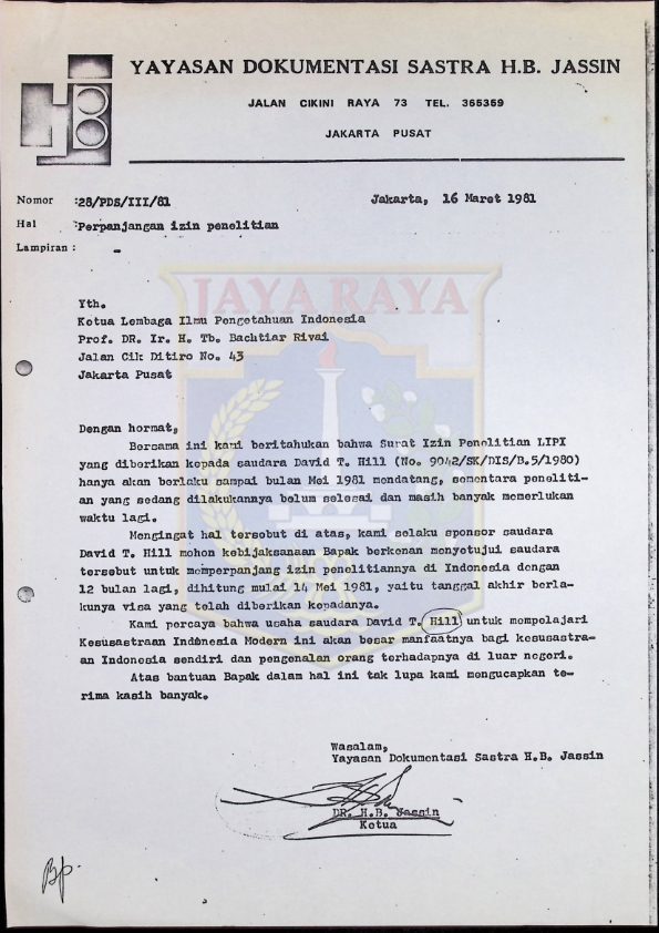 Surat dari PDS H.B. Jassin untuk LIPI