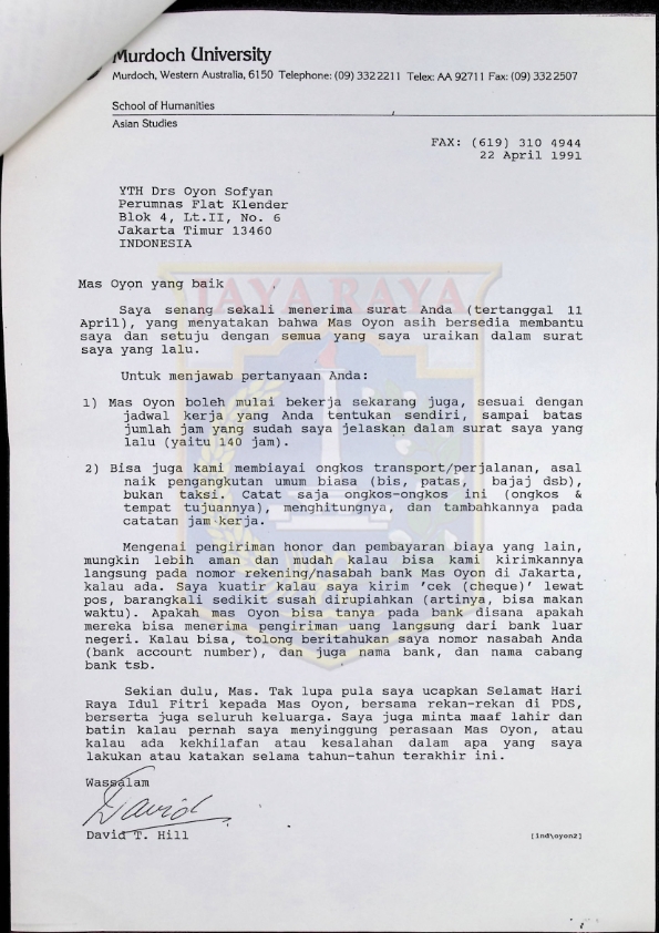 Surat dari David T. Hill untuk Oyon Sofyan (22 April 1991)