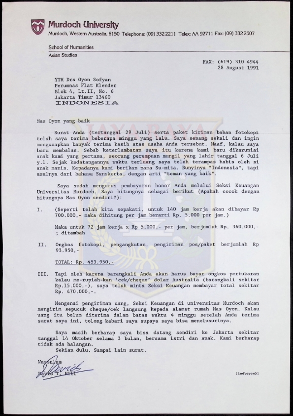 Surat dari David T. Hill untuk Oyon Sofyan (28 Agustus 1991)