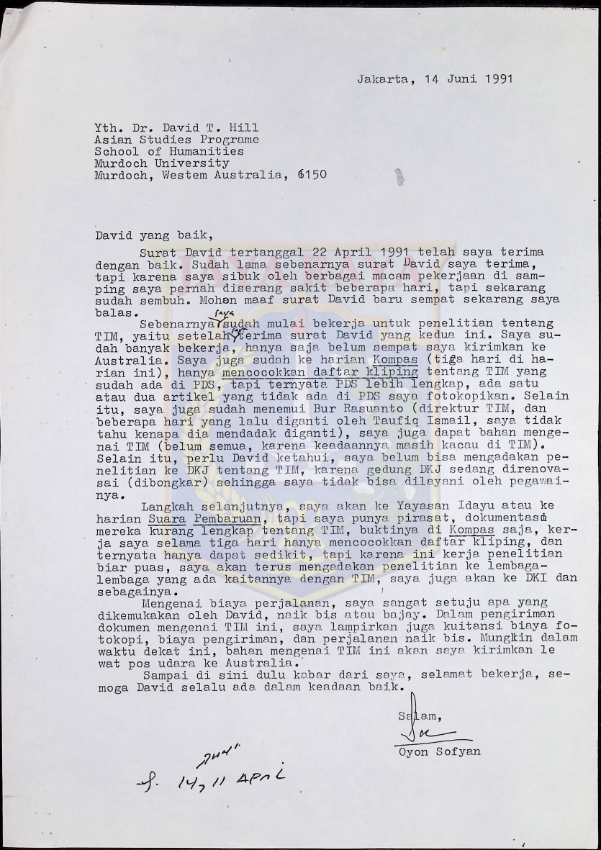 Surat dari Oyon Sofyan untuk David T. Hill (14 Juni 1991)