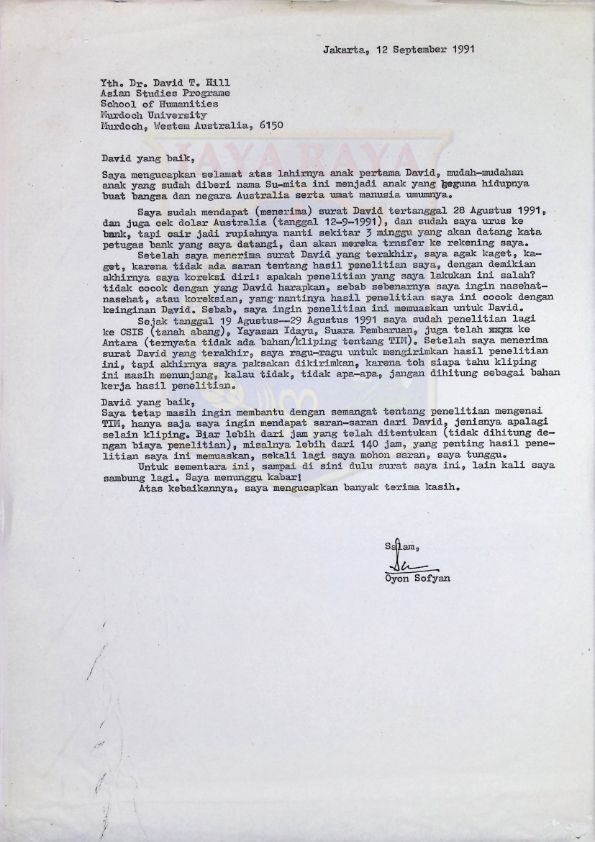 Surat dari Oyon Sofyan untuk David T. Hill (12 September 1991)