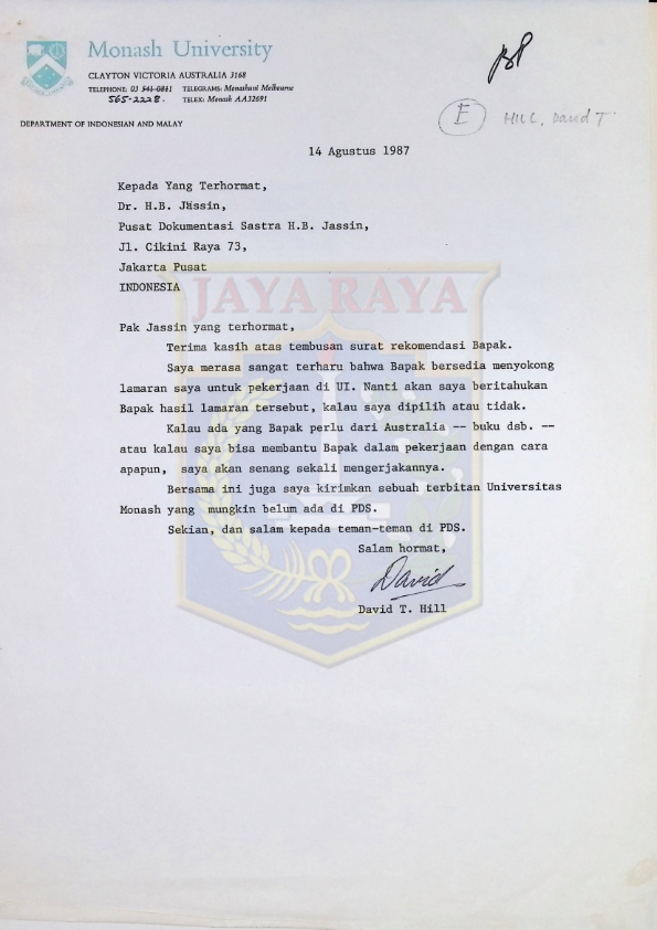 Surat dari David T. Hill untuk H.B. Jassin (14 Agustus 1987)