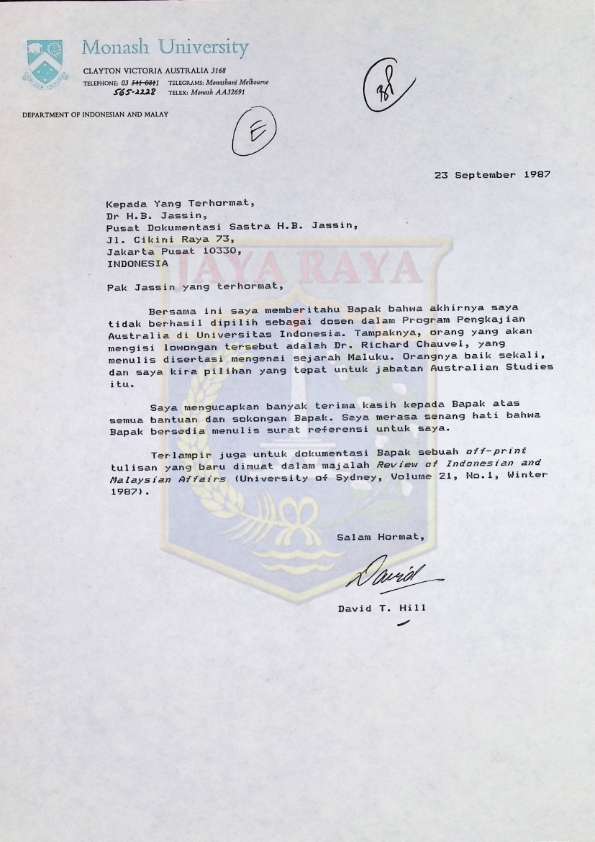 Surat dari David T. Hill untuk H.B. Jassin (23 September 1987)