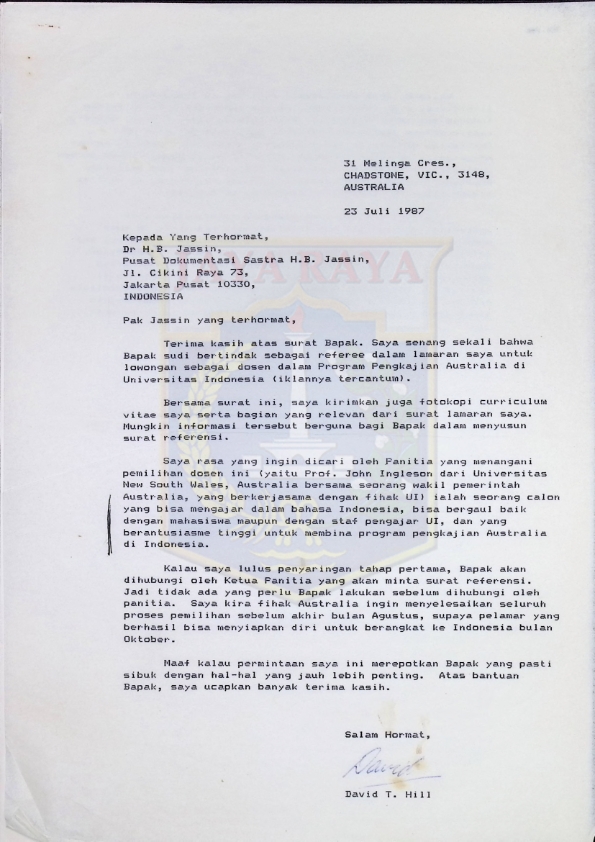 Surat dan CV dari David T. Hill untuk H.B. Jassin (23 Juli 1987)