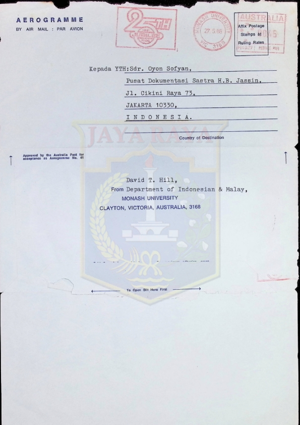 Surat dari David T. Hill untuk Oyon Sofyan (28 Mei 1986)