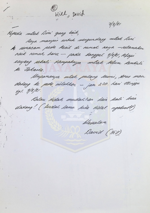 Surat dari David T. Hill untuk mbak Dini