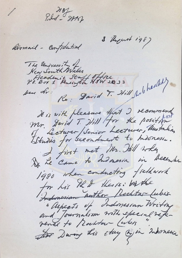 Draft surat tulisan tangan H.B. Jassin terkait David T. Hill : Airmail - confidential