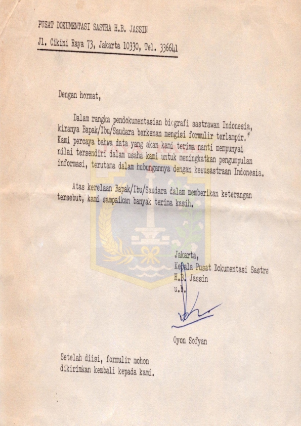 Surat undangan pendokumentasian biografi sastrawan Indonesia : dari Kepala Pusat Dokumentasi SastraH.B. Jassin (Oyon Sofyan)