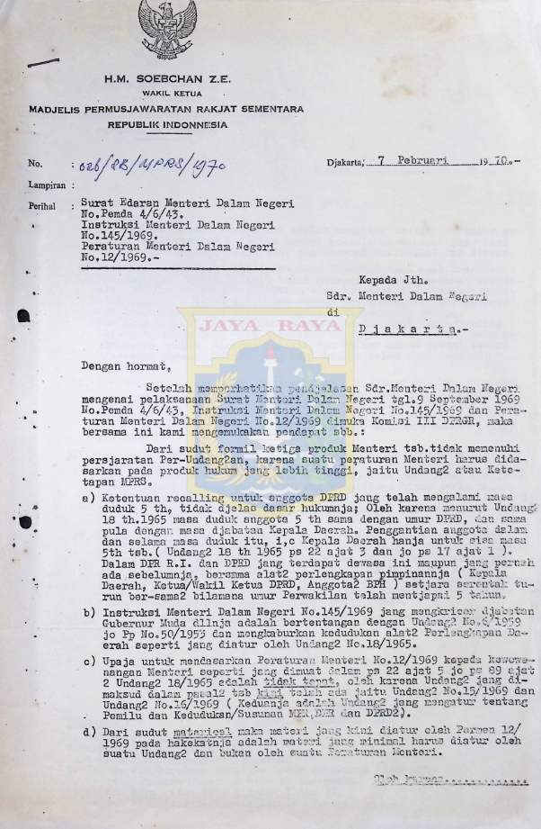 Surat dari H.M. Soebchan Z.E. untuk menteri dalam negeri