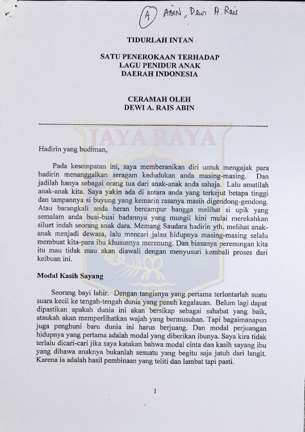 Tidurlah Intan : Satu penerokan terhadap lagu penidur anak daerah Indonesia