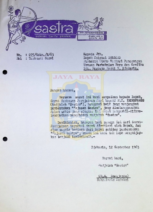 Surat untuk Bapak Kolonel Harsono dari D.S. Moeljanto (12 September 1963)