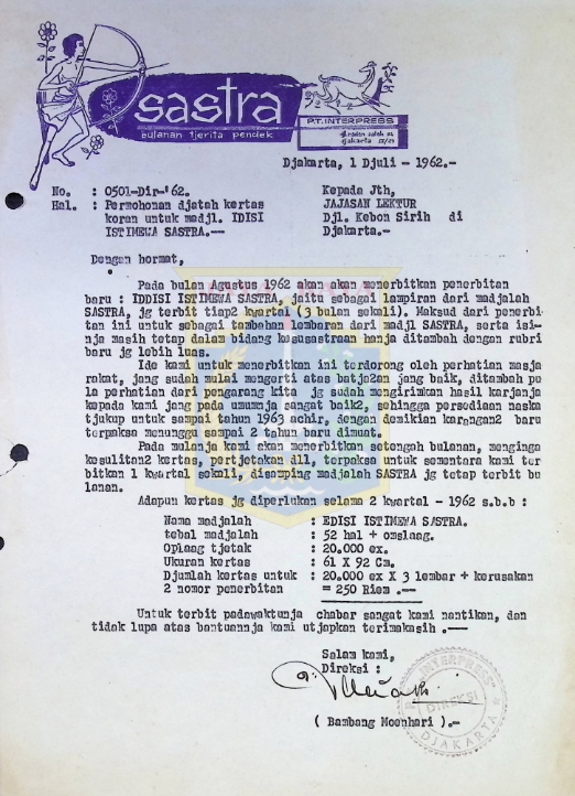Surat dari Bambang Moenhari untuk Yayasan Lektur (1 Juli 1962)