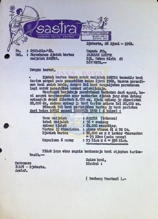 Surat dari Bambang Moenhari untuk Yayasan Lektur (26 Juni 1962)