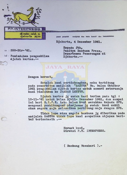 Surat dari Bambang Moenhari untuk Panitia Bantuan Press (4 Desember 1961)