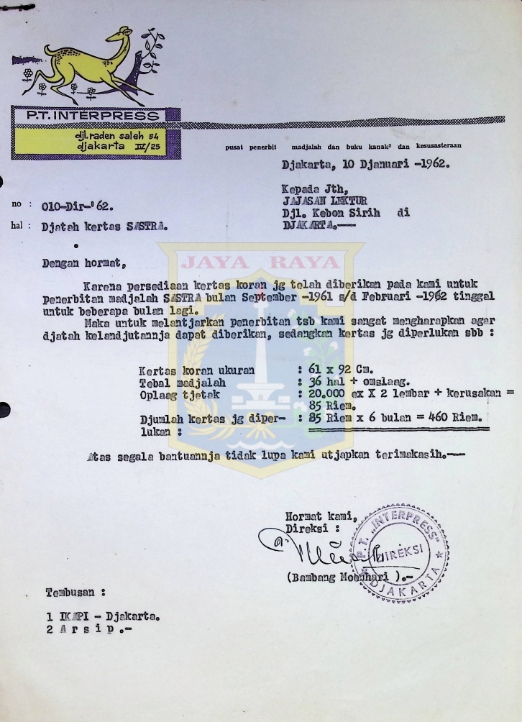 Surat dari Bambang Moenhari untuk Yayasan Lektur (10 Januari 1962)