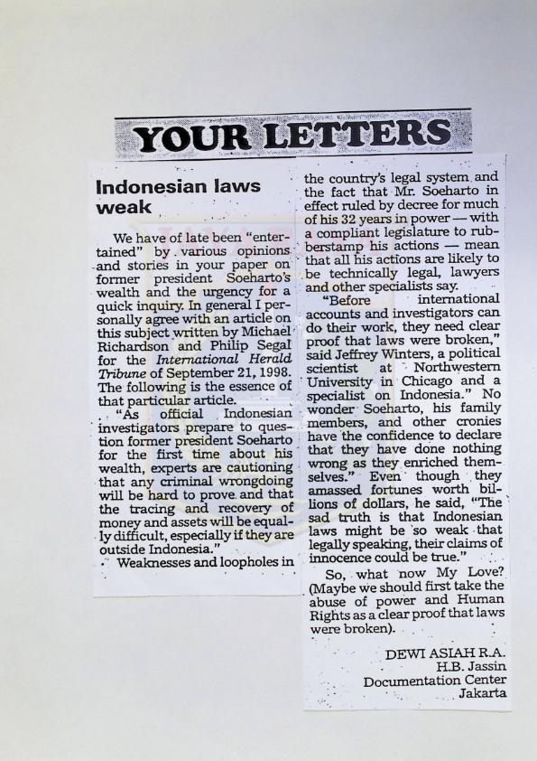 Your letters - Indonesian laws weak