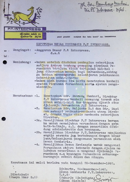 Surat keputusan dewan komisaris P.T. Interpress (28 Desember 1962)