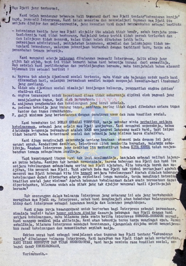 Surat untuk Mas Djati dari pegawai-pegawai Interpress