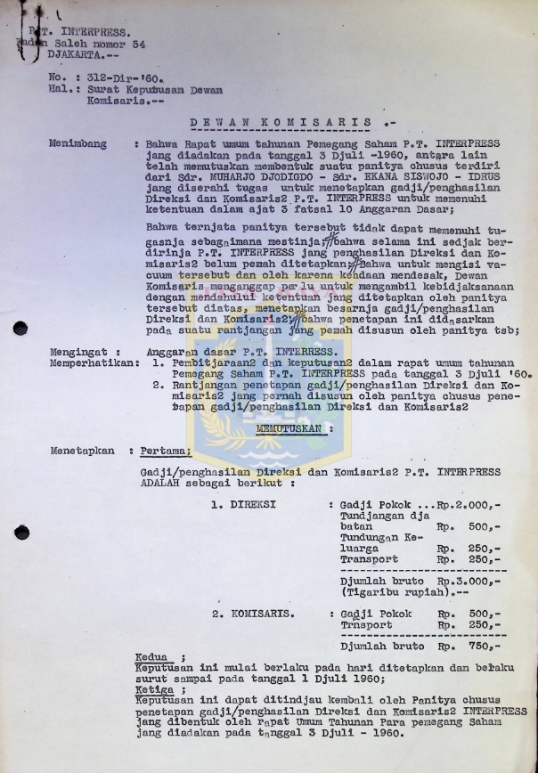 Surat keputusan dewan komisaris P.T. Interpress tahun 1960