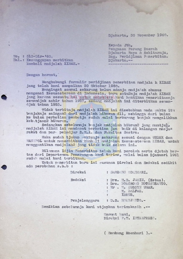 Surat dari Bambang Moenhari untuk Penguasa Perang Daerah Jakarta Raya & Sekitarnya (30 November 1960)