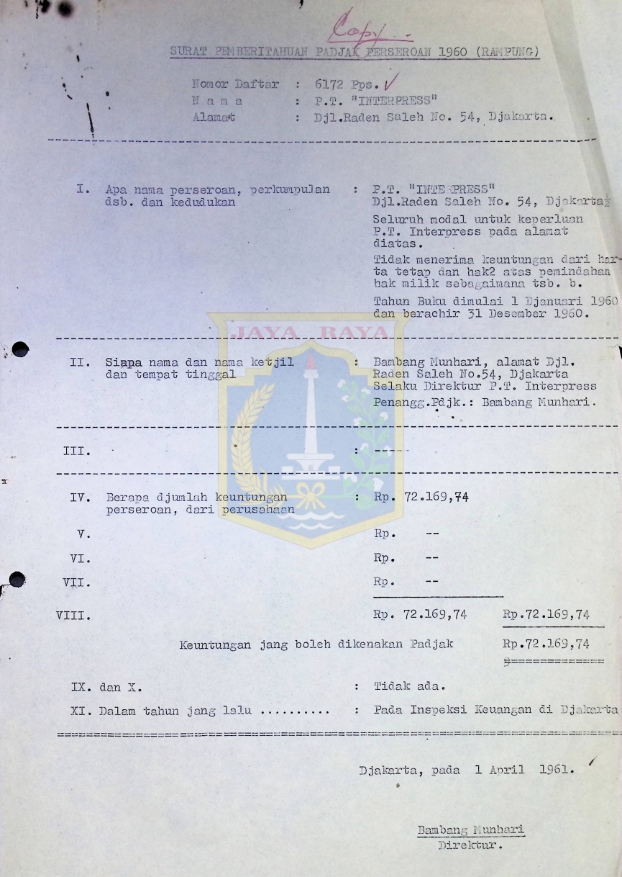 Surat pemberitahuan pajak perseroan 1960 (Rampung) - 1 April 1961