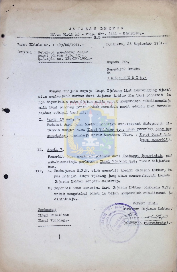 Surat dari Soetarjo Poerwobroto untuk Penerbit2 Swasta di Indonesia (26 September 1961)