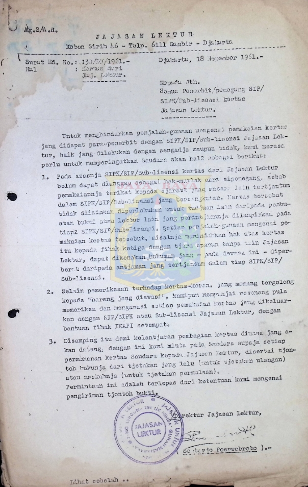 Surat dari Soetarjo Poerwobroto untuk Semua Penerbit/Pemegang SIP/SIPK/Sub-lisensi kertas Yayasan Lektur (18 November 1961)