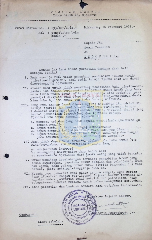 Surat dari Soetarjo Poerwobroto untuk Semua Penerbit di Indonesia (10 Februari 1962)
