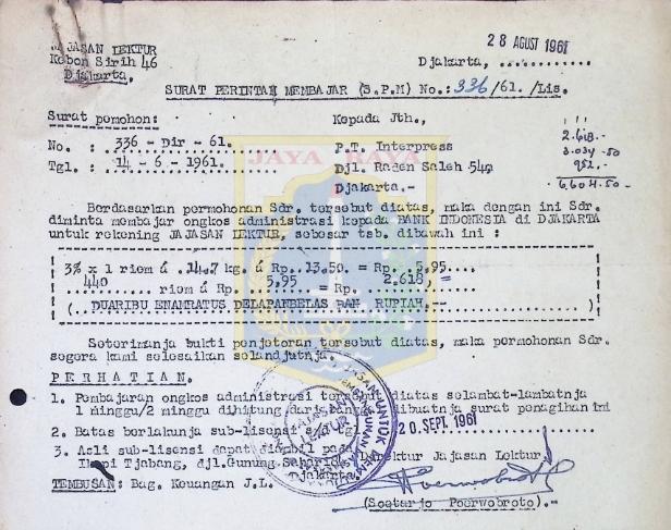 Surat perintah membayar No.: 336/61/Lis untuk P.T. Interpress (28 Agustus 1961)