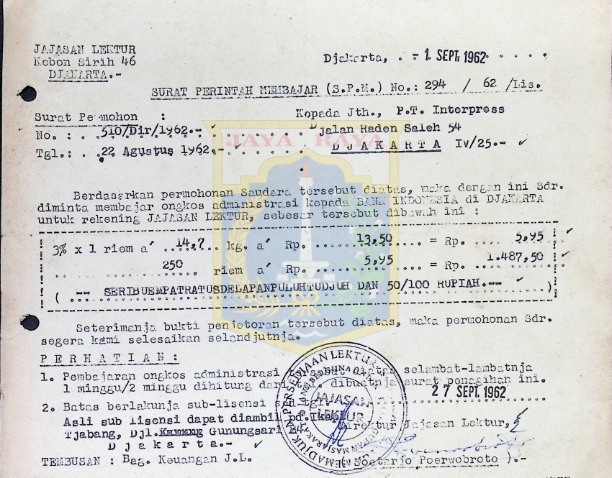 Surat perintah membayar No.: 294/62/Lis untuk P.T. Interpress (1 September 1962)