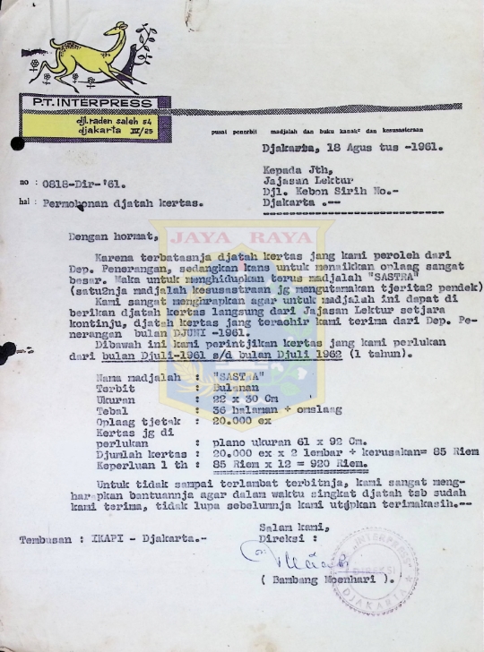 Surat dari Bambang Moenhari untuk Yayasan Lektur No. 0818 (18 Agustus 1961)