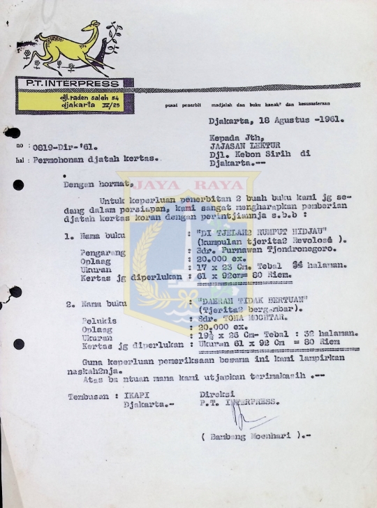 Surat dari Bambang Moenhari untuk Yayasan Lektur No. 0819 (18 Agustus 1961)