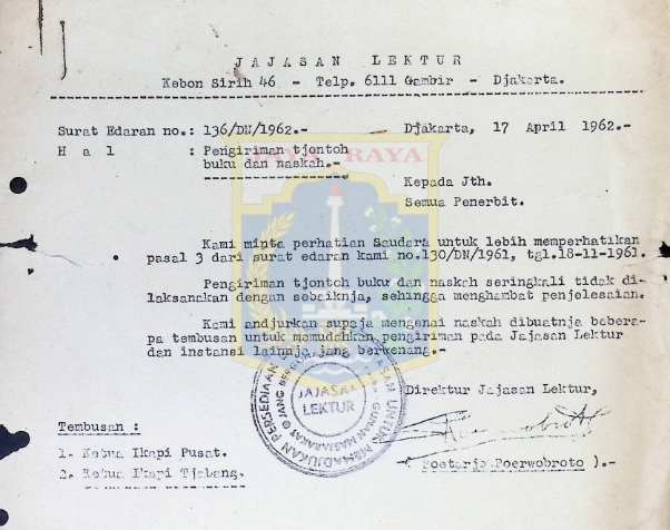 Surat edaran Yayasan Lektur No. 136/DN/1962 (17 April 1962)