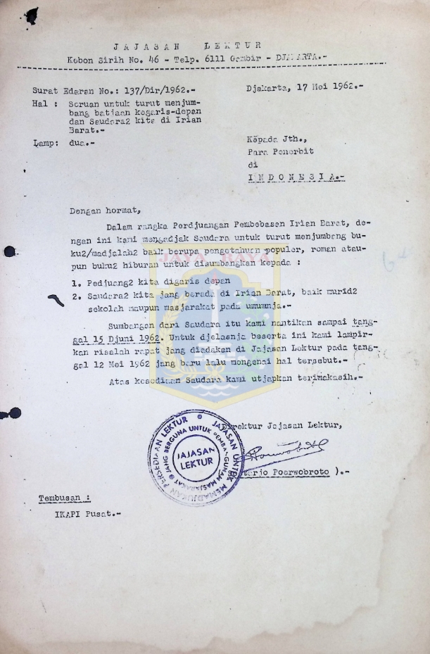 Surat edaran Yayasan Lektur No. 137/Dir/1962 (17 Mei 1962)